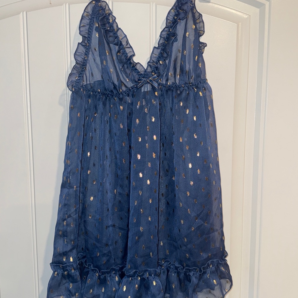 Blue Sheer Ruffled Dress with Gold Accents